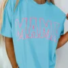 Fashion Dear-Lover MAMA Letter Graphic Neon T Shirt Light Blue