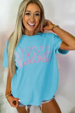 Fashion Dear-Lover MAMA Letter Graphic Neon T Shirt Light Blue