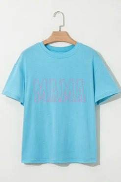 Fashion Dear-Lover MAMA Letter Graphic Neon T Shirt Light Blue