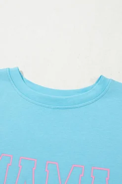 Fashion Dear-Lover MAMA Letter Graphic Neon T Shirt Light Blue