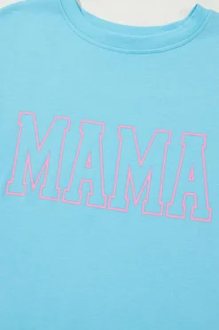 Fashion Dear-Lover MAMA Letter Graphic Neon T Shirt Light Blue