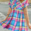 Fashion Dear-Lover Multicolor Plaid Short Sleeve Babydoll Mini Dress Light Blue