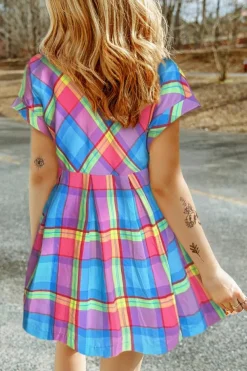 Fashion Dear-Lover Multicolor Plaid Short Sleeve Babydoll Mini Dress Light Blue