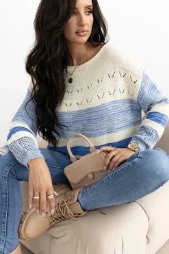 Sale Dear-Lover Open Stitch Puff Sleeve Sweater Light Blue