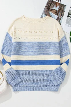 Sale Dear-Lover Open Stitch Puff Sleeve Sweater Light Blue