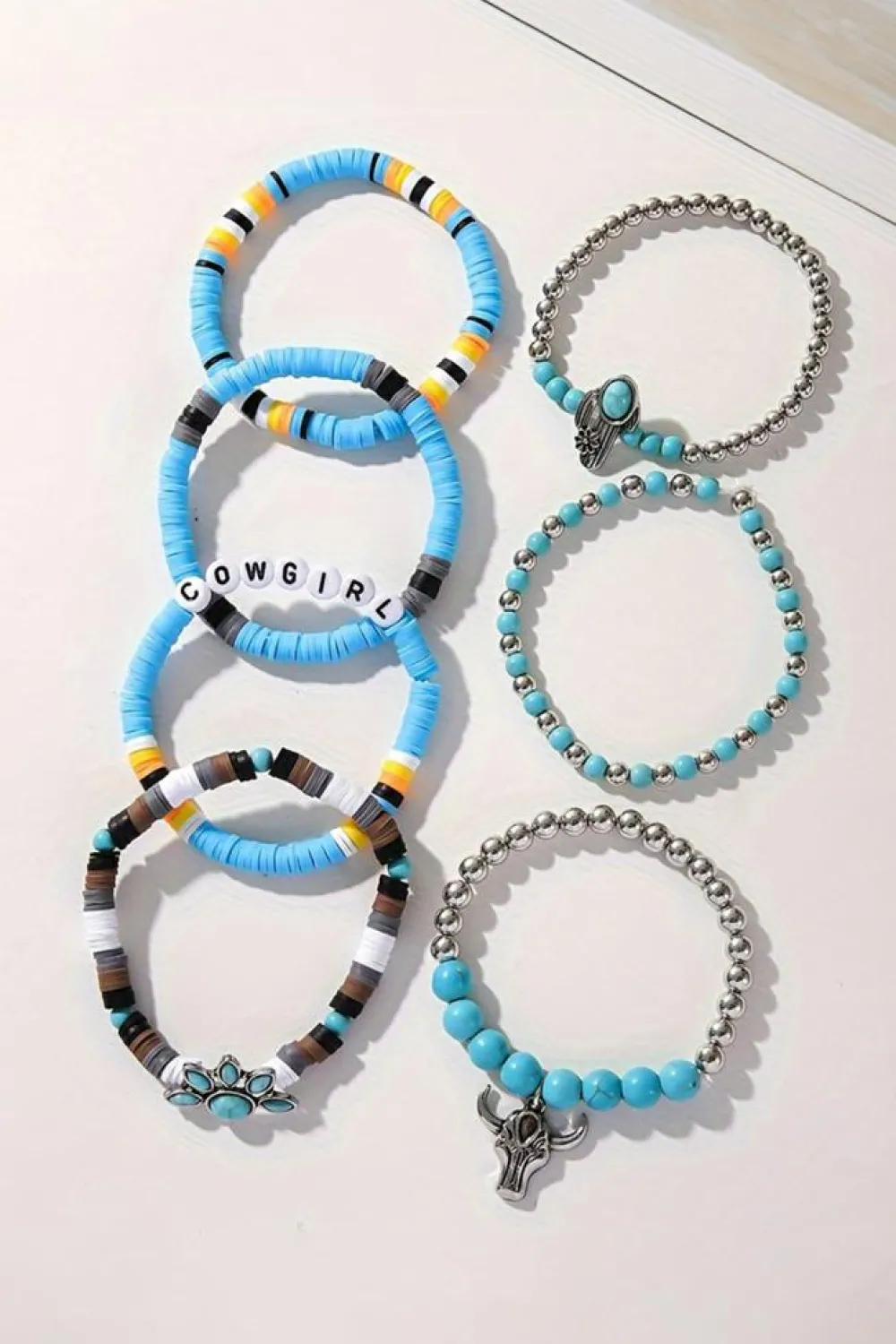 New Dear-Lover 7pcs Boho Turquoise Beaded Bracelet Set Light Blue