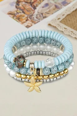 Sale Dear-Lover 4pcs Starfish Pendant Beaded Bracelet Set Light Blue