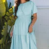 Clearance Dear-Lover Puff Sleeve Pleated High Waist Flowy Midi Dress Light Blue