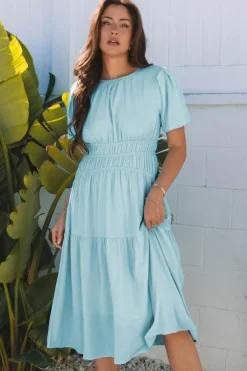 Clearance Dear-Lover Puff Sleeve Pleated High Waist Flowy Midi Dress Light Blue
