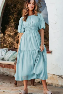 Clearance Dear-Lover Puff Sleeve Pleated High Waist Flowy Midi Dress Light Blue