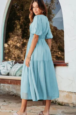 Clearance Dear-Lover Puff Sleeve Pleated High Waist Flowy Midi Dress Light Blue