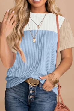 Sale Dear-Lover Rib Textured Colorblock T Shirt Light Blue