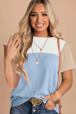 Sale Dear-Lover Rib Textured Colorblock T Shirt Light Blue