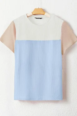 Sale Dear-Lover Rib Textured Colorblock T Shirt Light Blue