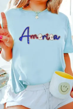 Clearance Dear-Lover Sequin America Graphic Crewneck Patriotic T Shirt Light Blue