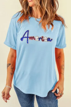 Clearance Dear-Lover Sequin America Graphic Crewneck Patriotic T Shirt Light Blue