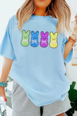 Discount Dear-Lover Sequin Bunny Doll Graphic Casual T Shirt Light Blue