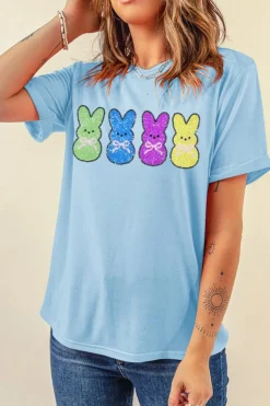 Discount Dear-Lover Sequin Bunny Doll Graphic Casual T Shirt Light Blue