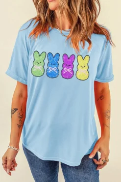 Discount Dear-Lover Sequin Bunny Doll Graphic Casual T Shirt Light Blue