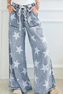 Best Dear-Lover Star Print Light Wash Drawstring High Waist Wide Leg Jeans Light Blue