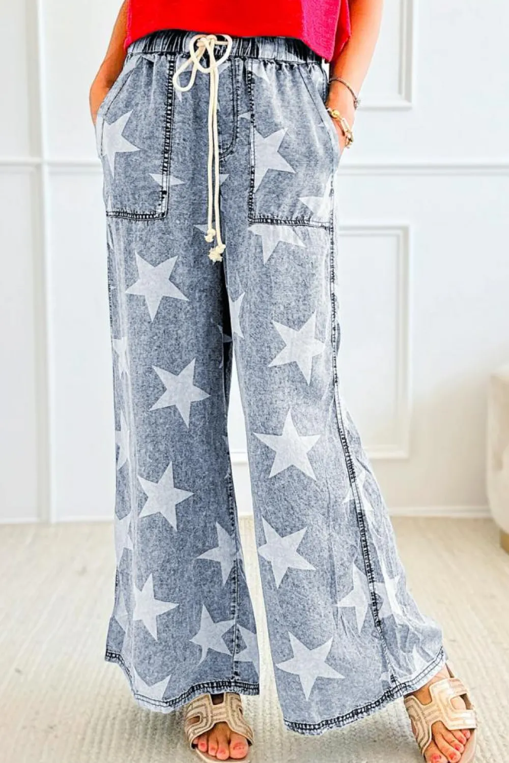 Best Dear-Lover Star Print Light Wash Drawstring High Waist Wide Leg Jeans Light Blue