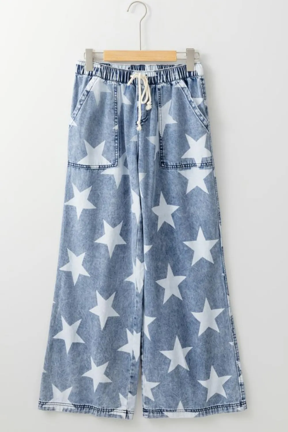 Best Dear-Lover Star Print Light Wash Drawstring High Waist Wide Leg Jeans Light Blue
