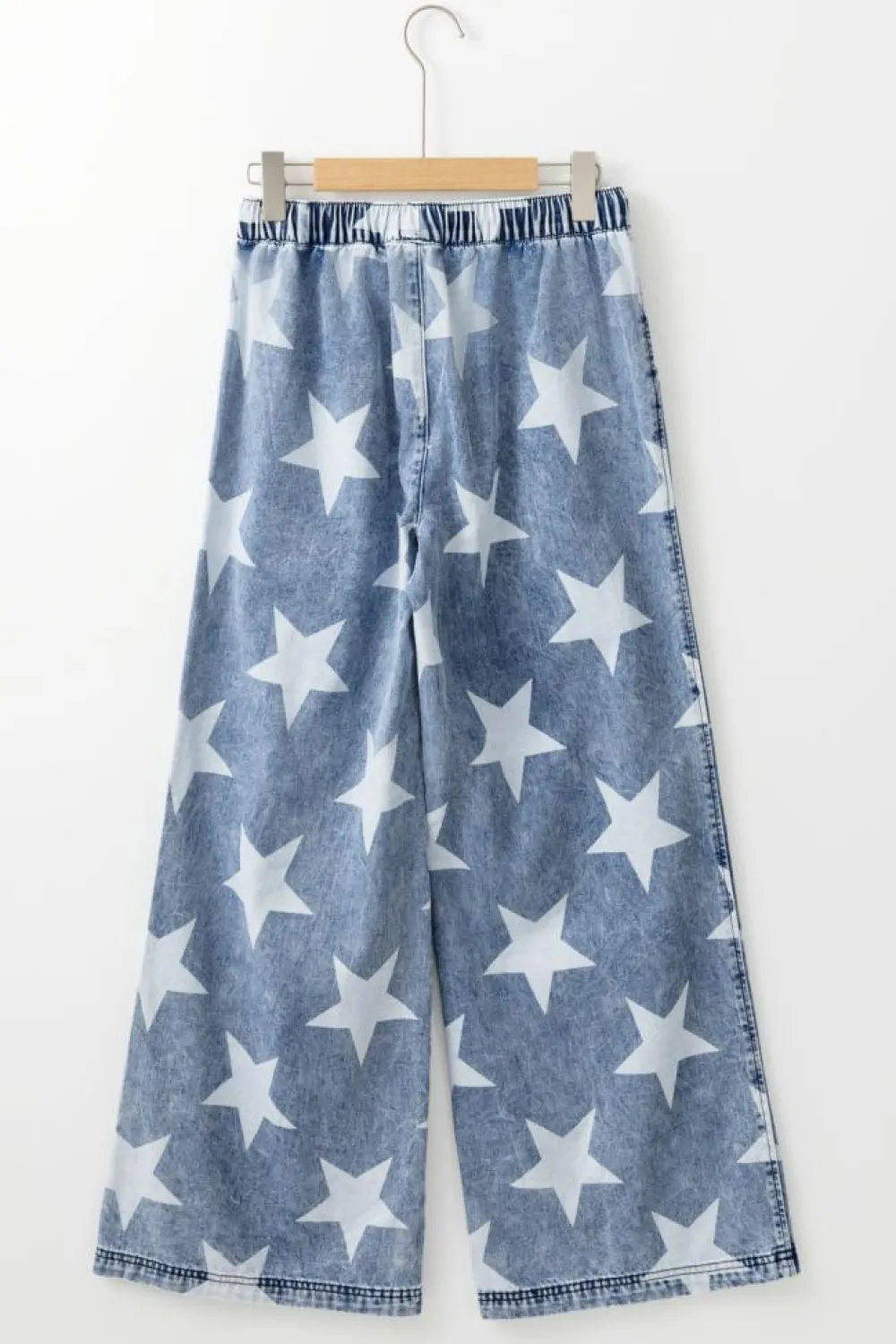 Best Dear-Lover Star Print Light Wash Drawstring High Waist Wide Leg Jeans Light Blue