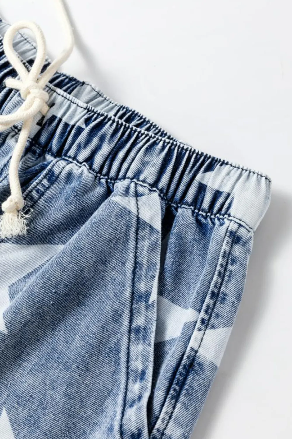 Best Dear-Lover Star Print Light Wash Drawstring High Waist Wide Leg Jeans Light Blue
