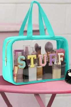 Hot Dear-Lover STUFF Glitter Chenille Patched Transparent Makeup Bag Light Blue