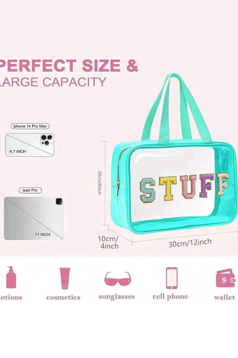 Hot Dear-Lover STUFF Glitter Chenille Patched Transparent Makeup Bag Light Blue