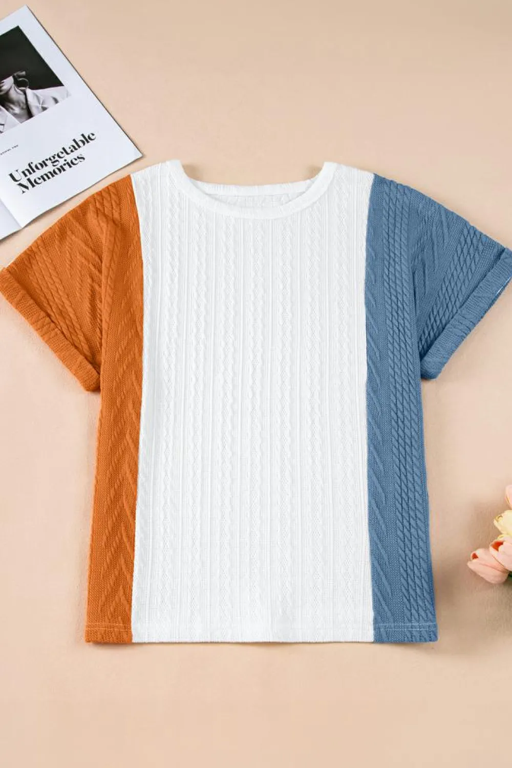 Clearance Dear-Lover Textured Color Block Loose Fit T Shirt Light Blue