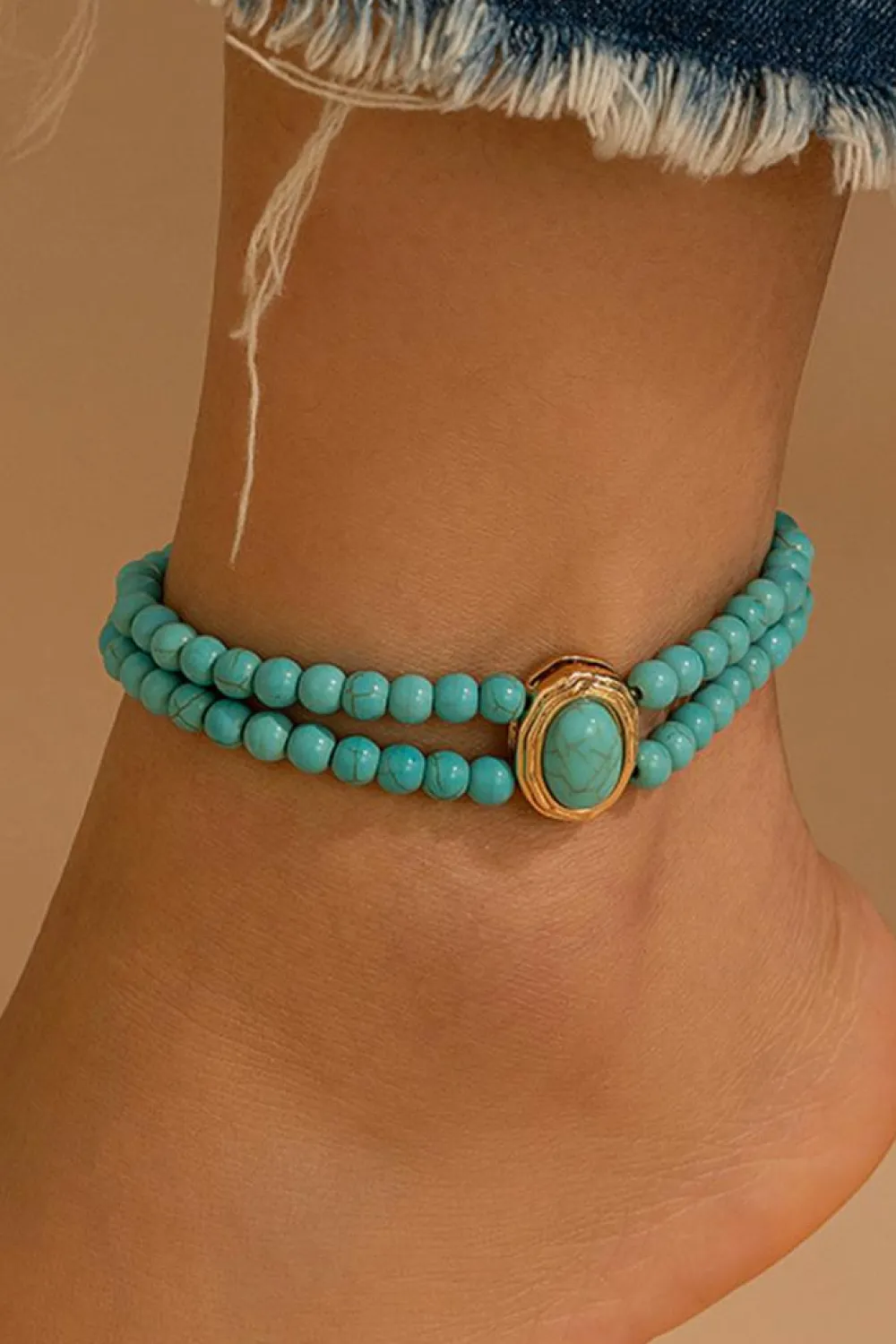 New Dear-Lover Turquoise Beaded Double Layered Anklet Light Blue