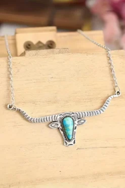 Online Dear-Lover Turquoise Steer Head Pendant Chain Necklace Light Blue