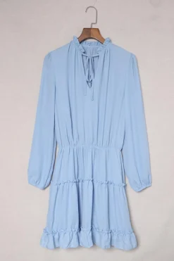 Best Dear-Lover Light Blue V Neck Long Sleeve Ruffle Tiered Mini Dress Sky Blue