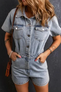 Clearance Dear-Lover Vintage Washed Buttons Pocketed Denim Romper Light Blue