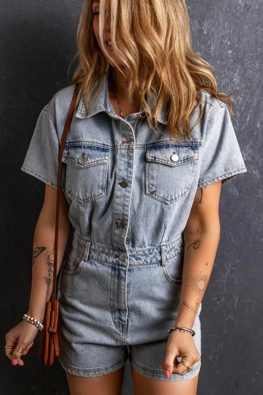 Clearance Dear-Lover Vintage Washed Buttons Pocketed Denim Romper Light Blue