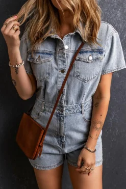 Clearance Dear-Lover Vintage Washed Buttons Pocketed Denim Romper Light Blue