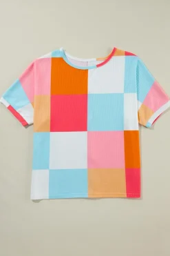 Online Dear-Lover Waffle Knit Colorblock Loose T Shirt Light Blue