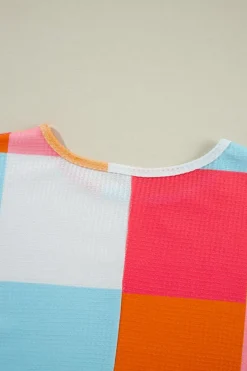Online Dear-Lover Waffle Knit Colorblock Loose T Shirt Light Blue