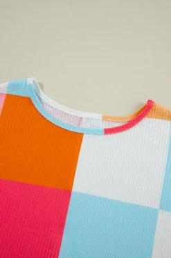 Online Dear-Lover Waffle Knit Colorblock Loose T Shirt Light Blue