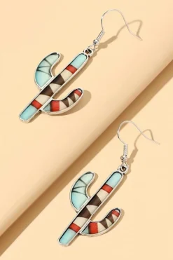 Sale Dear-Lover Western Cactus Alloy Dangle Earrings Light Blue