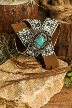 Sale Dear-Lover Western Pattern Turquoise Decor Lace-up PU Leather Hat Band Light Blue