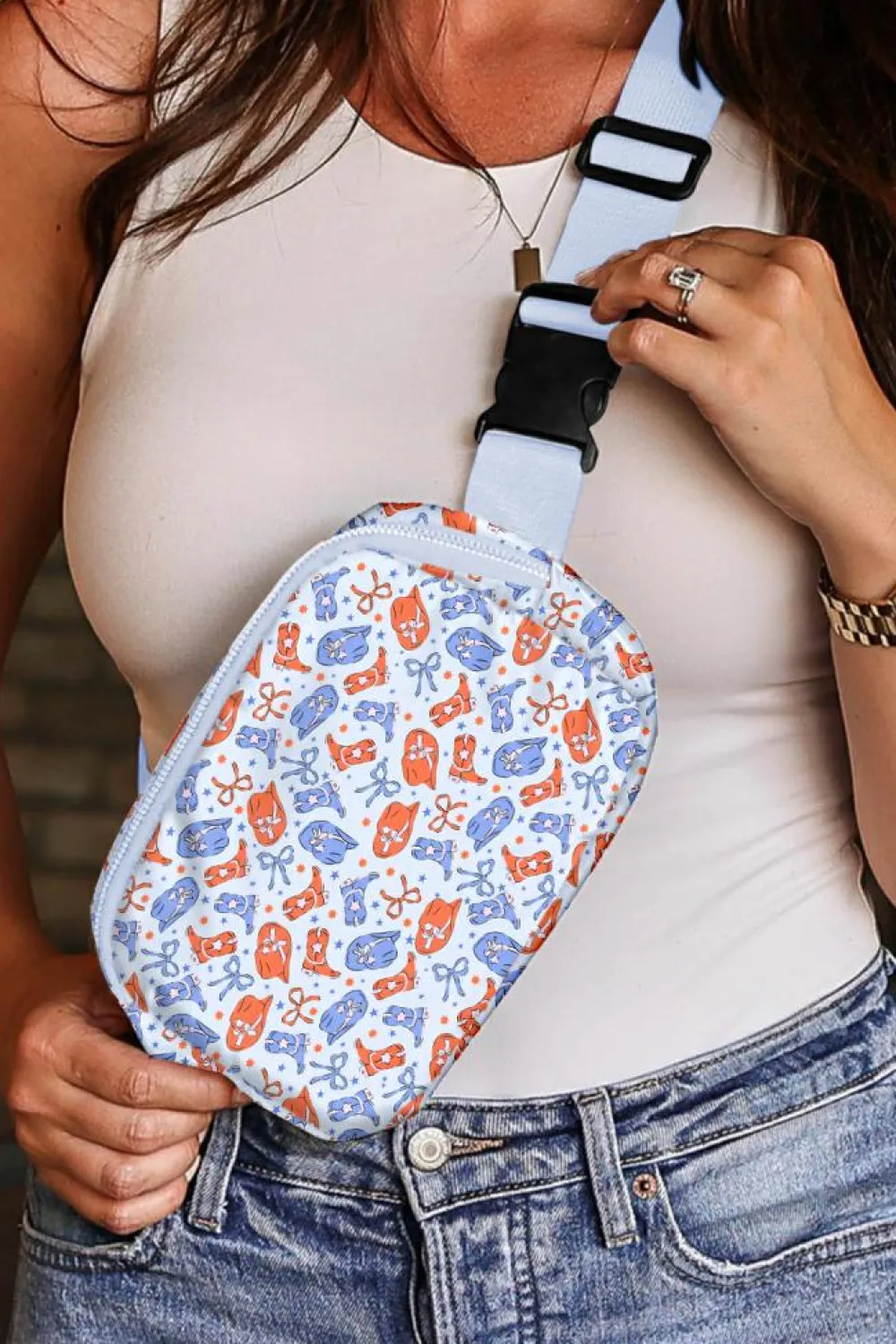 Best Dear-Lover Western Pattern Print Wide Belt Zipper Sling Bag Light Blue