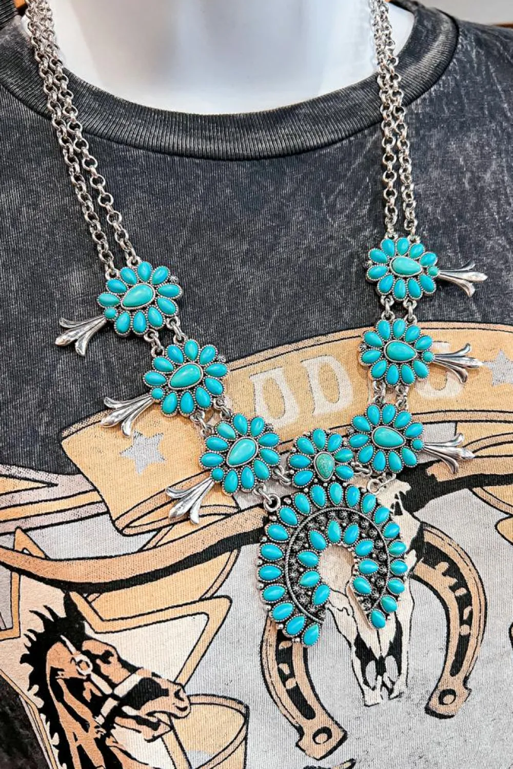 Online Dear-Lover Western Turquoise Decor Double Chain Necklace Light Blue