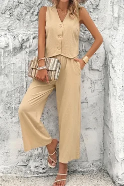 Online Dear-Lover Buttoned V Neck Tank Top and Wide Leg High Waist Pants Set Light French Beige