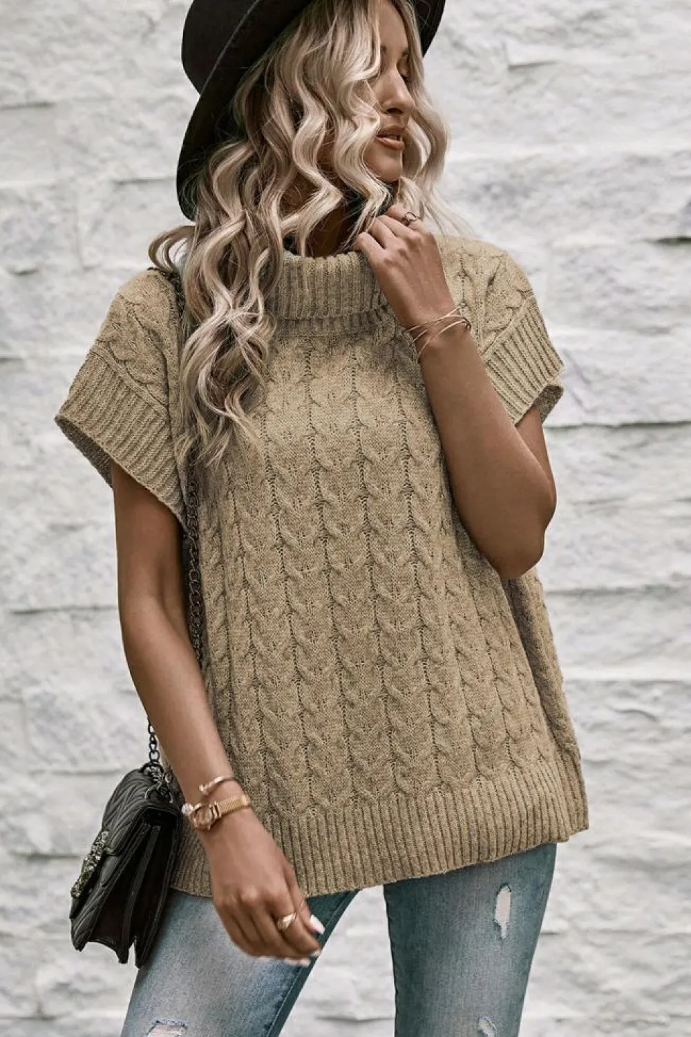 Sale Dear-Lover Cable Knit Turtleneck Batwing Sleeve Sweater Light French Beige