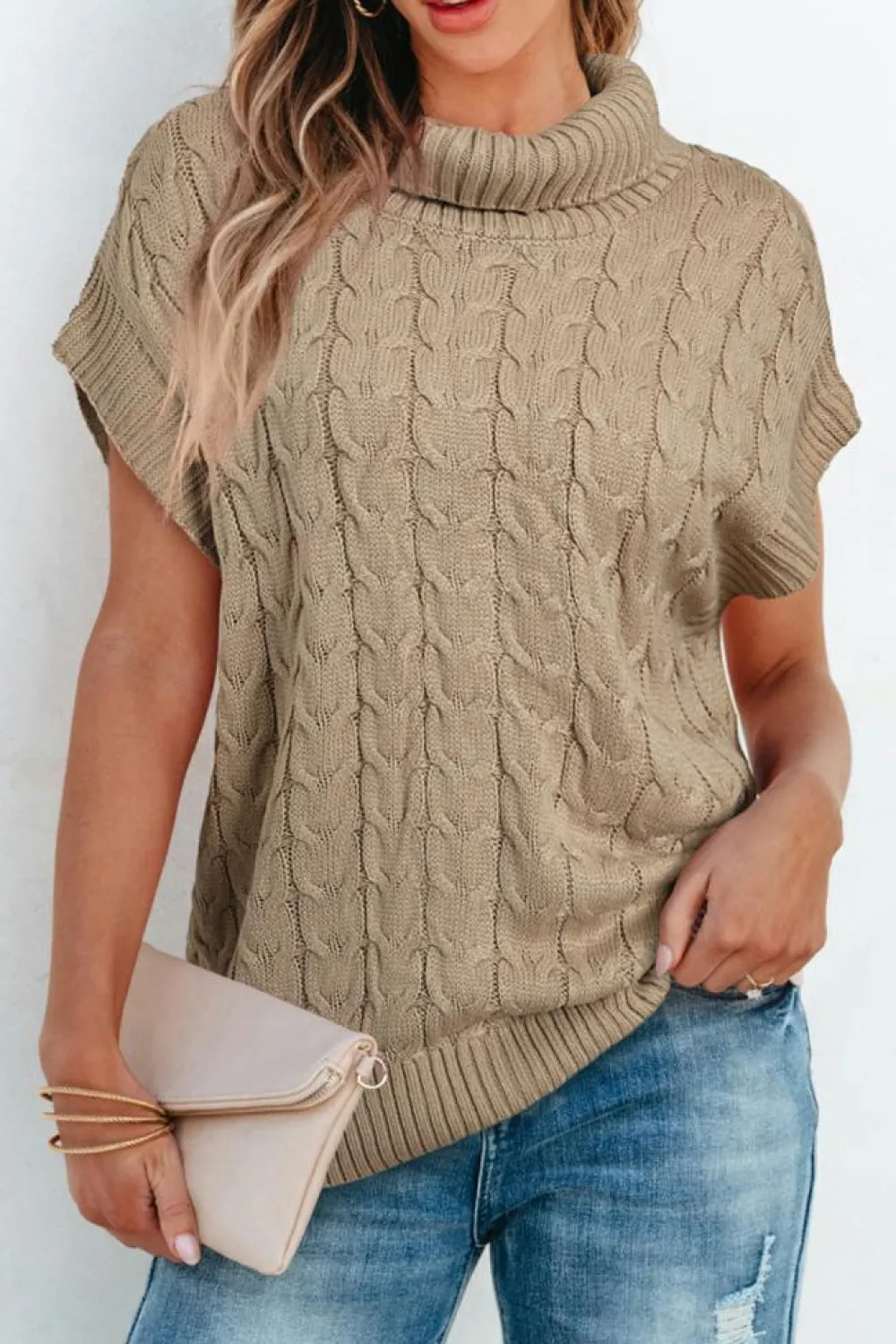 Sale Dear-Lover Cable Knit Turtleneck Batwing Sleeve Sweater Light French Beige