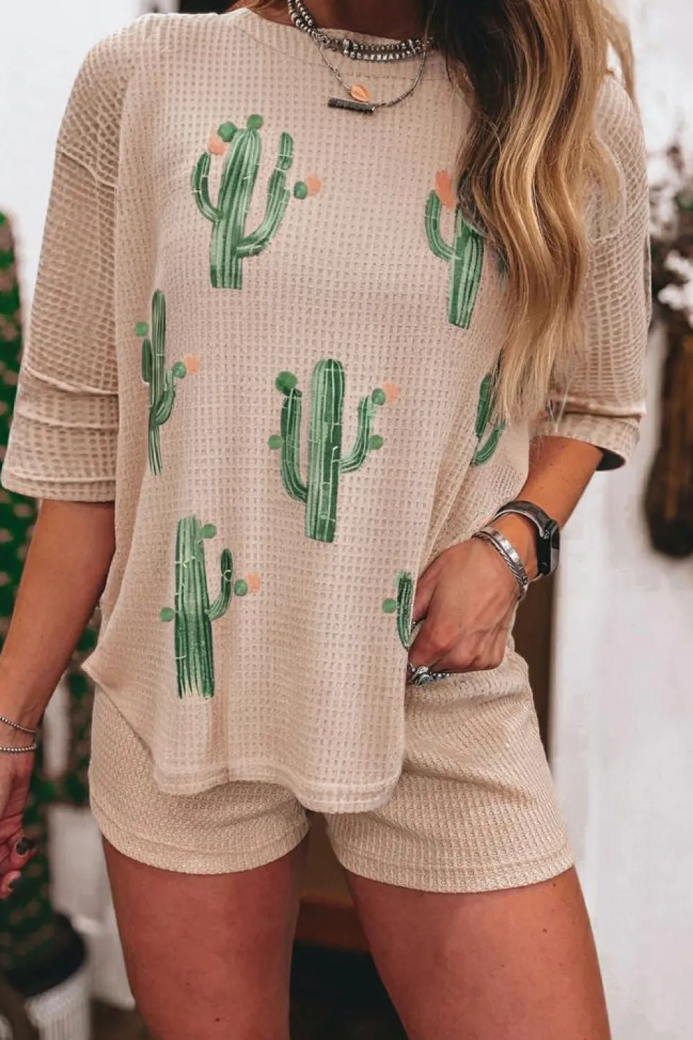 Outlet Dear-Lover Cactus Forest Waffle Half Sleeve Tee Short Set Light French Beige