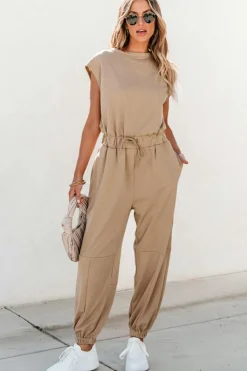 Best Dear-Lover Cap Sleeve Open Back Drawstring Jogger Jumpsuit Light French Beige