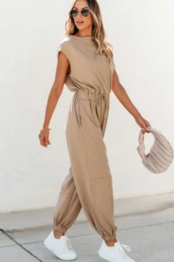 Best Dear-Lover Cap Sleeve Open Back Drawstring Jogger Jumpsuit Light French Beige